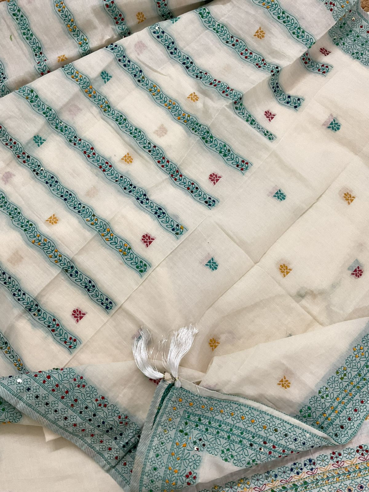 Pure Cotton Jamdani Weaved Embroidered Suit - Off White