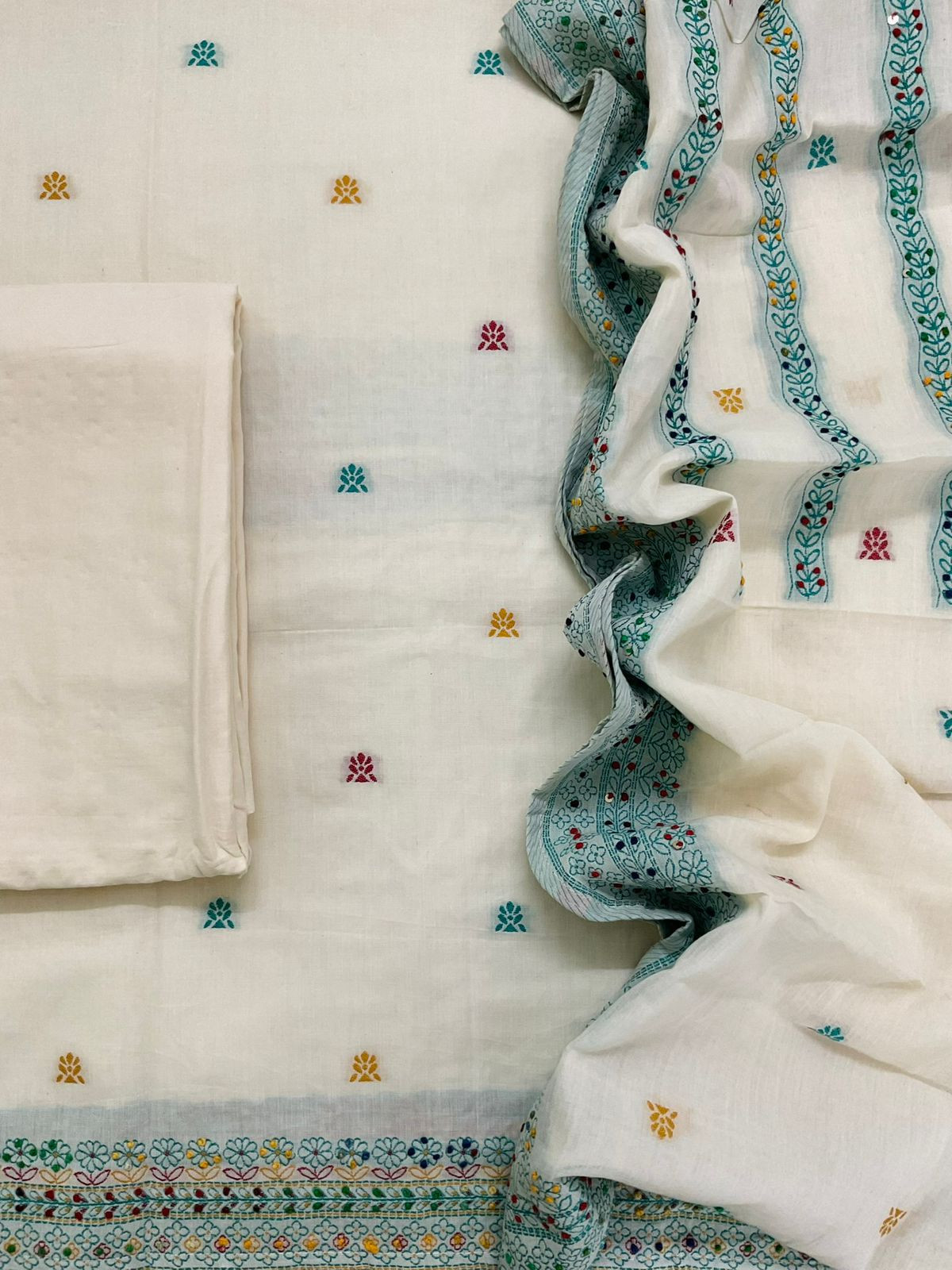 Pure Cotton Jamdani Weaved Embroidered Suit - Off White