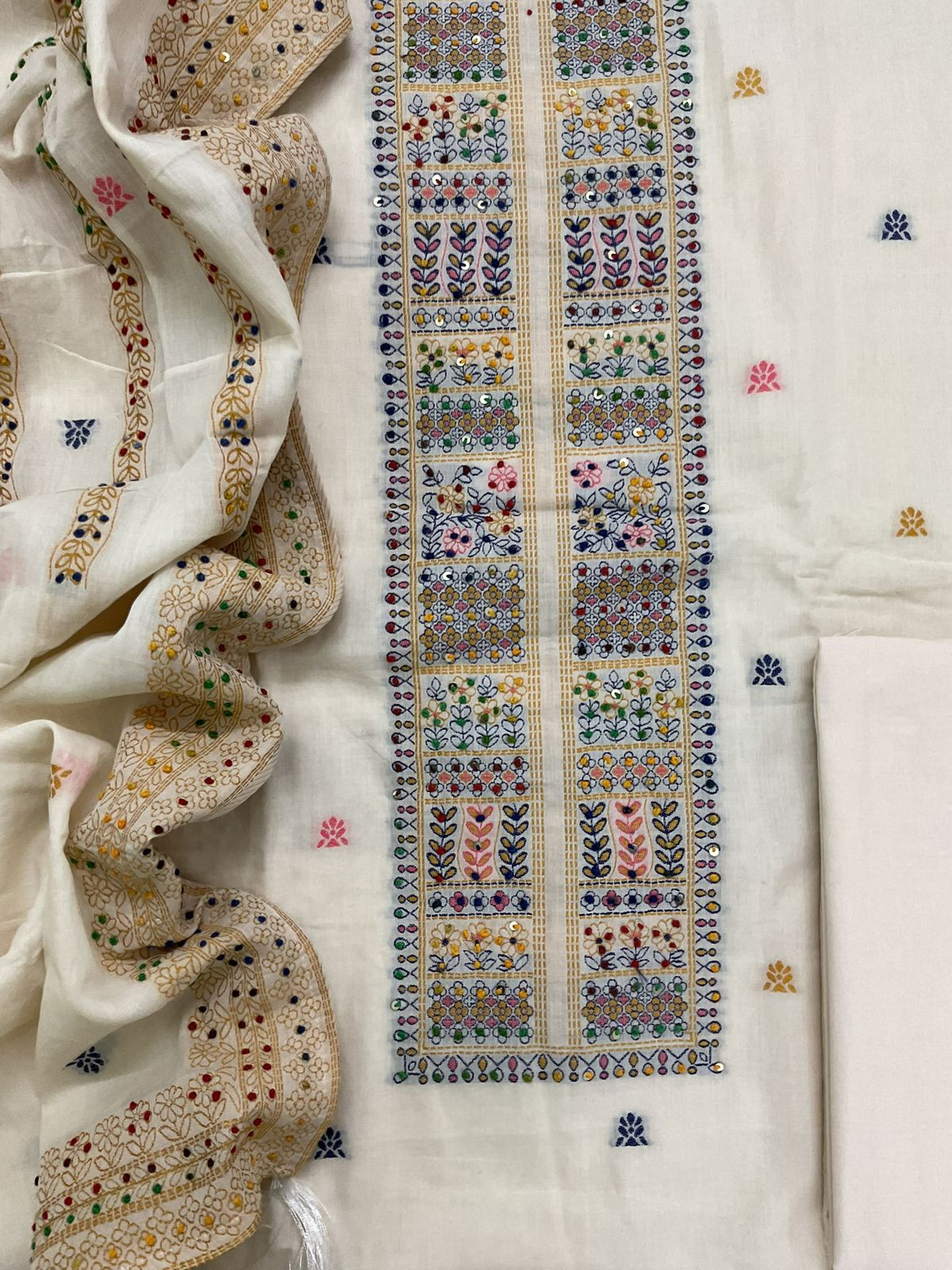 Pure Cotton Jamdani Weaved Embroidered Suit - Off White