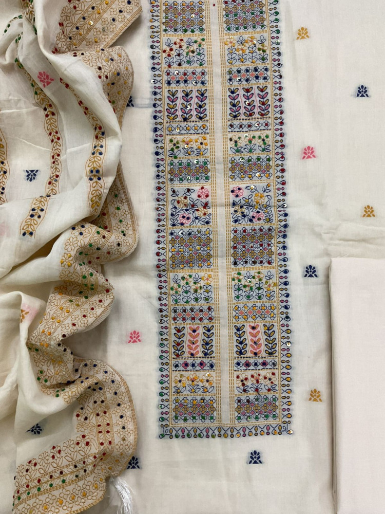 Image of Pure Cotton Jamdani Weaved Embroidered Suit - Off White