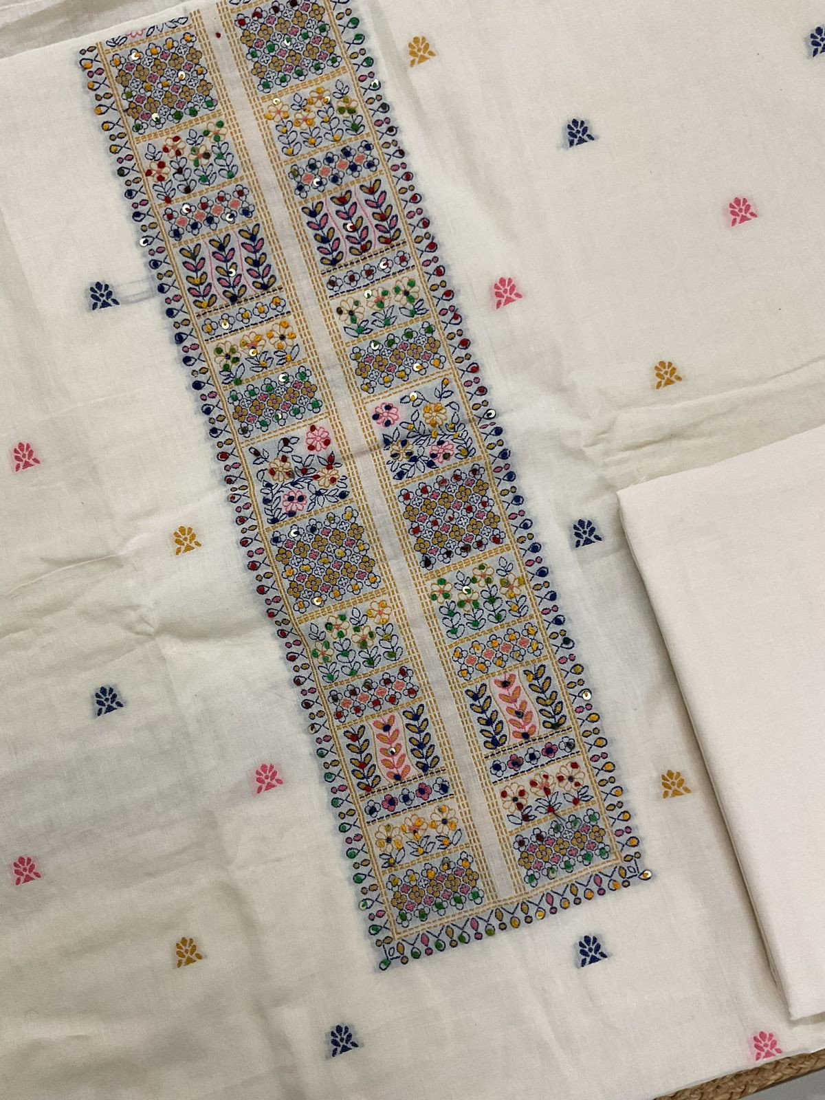 Pure Cotton Jamdani Weaved Embroidered Suit - Off White