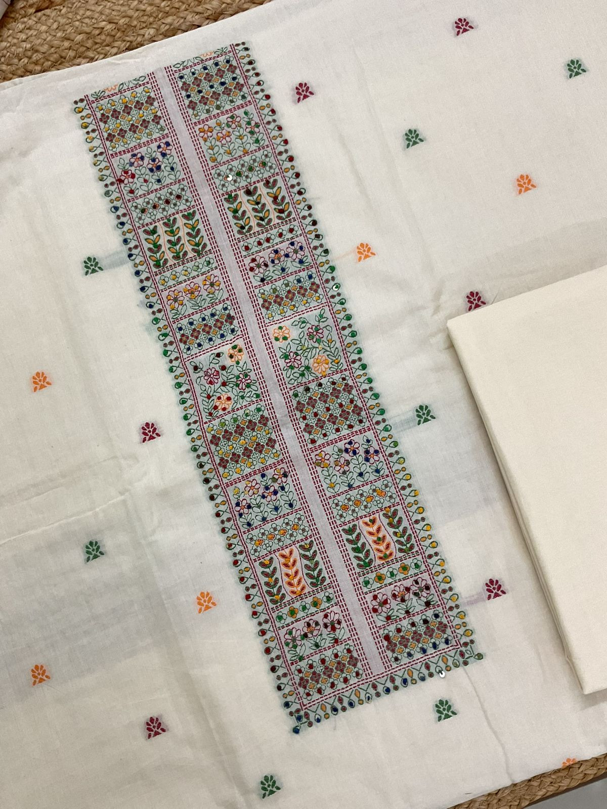 Pure Cotton Jamdani Weaved Embroidered Suit - Off White