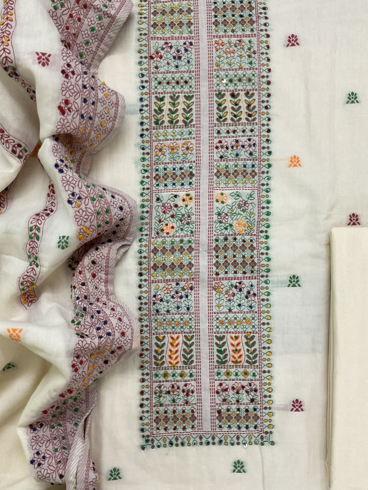 Pure Cotton Jamdani Weaved Embroidered Suit - Off White