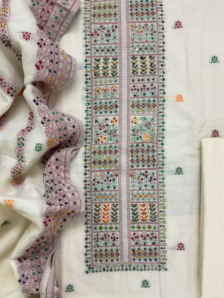 Image of Pure Cotton Jamdani Weaved Embroidered Suit - Off White
