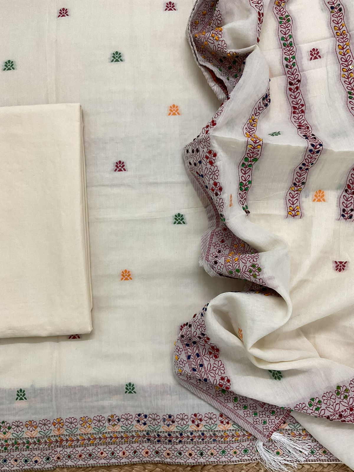 Pure Cotton Jamdani Weaved Embroidered Suit - Off White