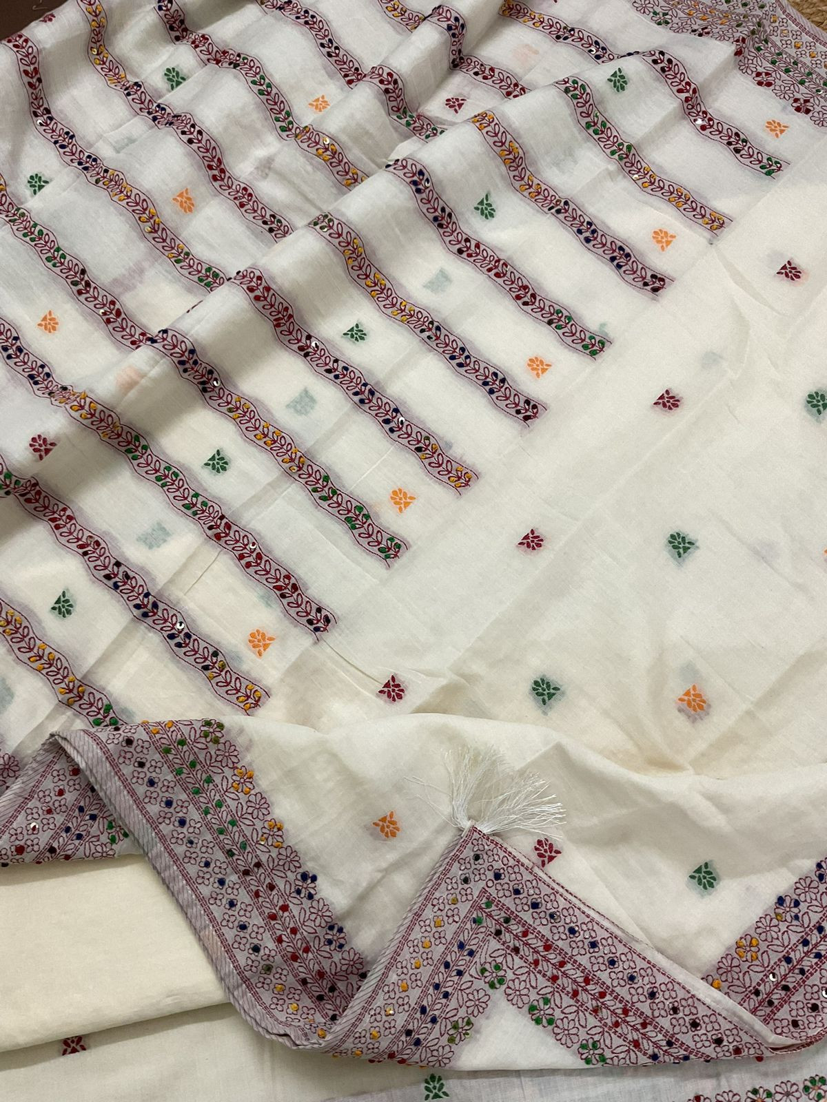 Pure Cotton Jamdani Weaved Embroidered Suit - Off White