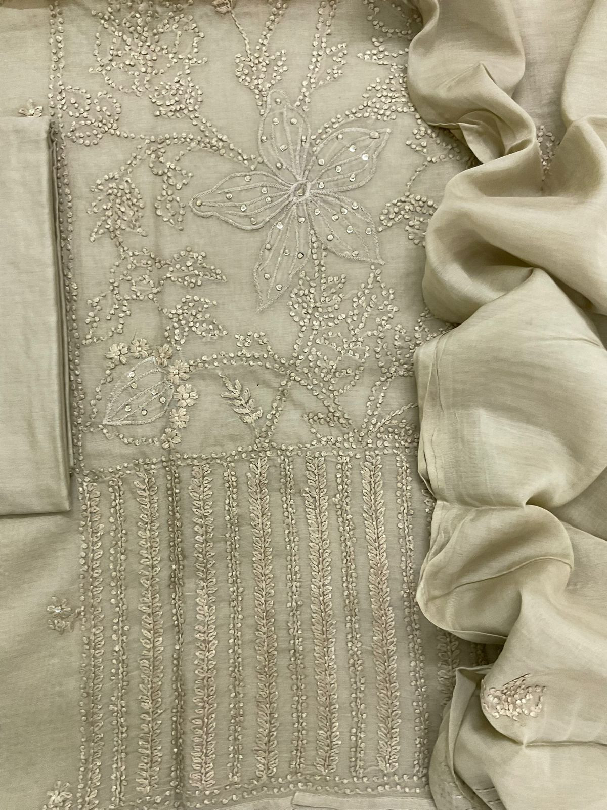 Soft Chanderi Embroidered Suit - Beige