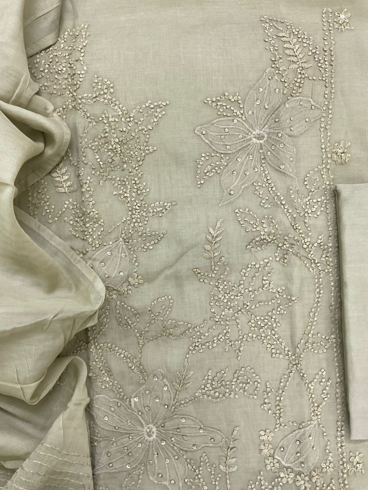 Soft Chanderi Embroidered Suit - Beige