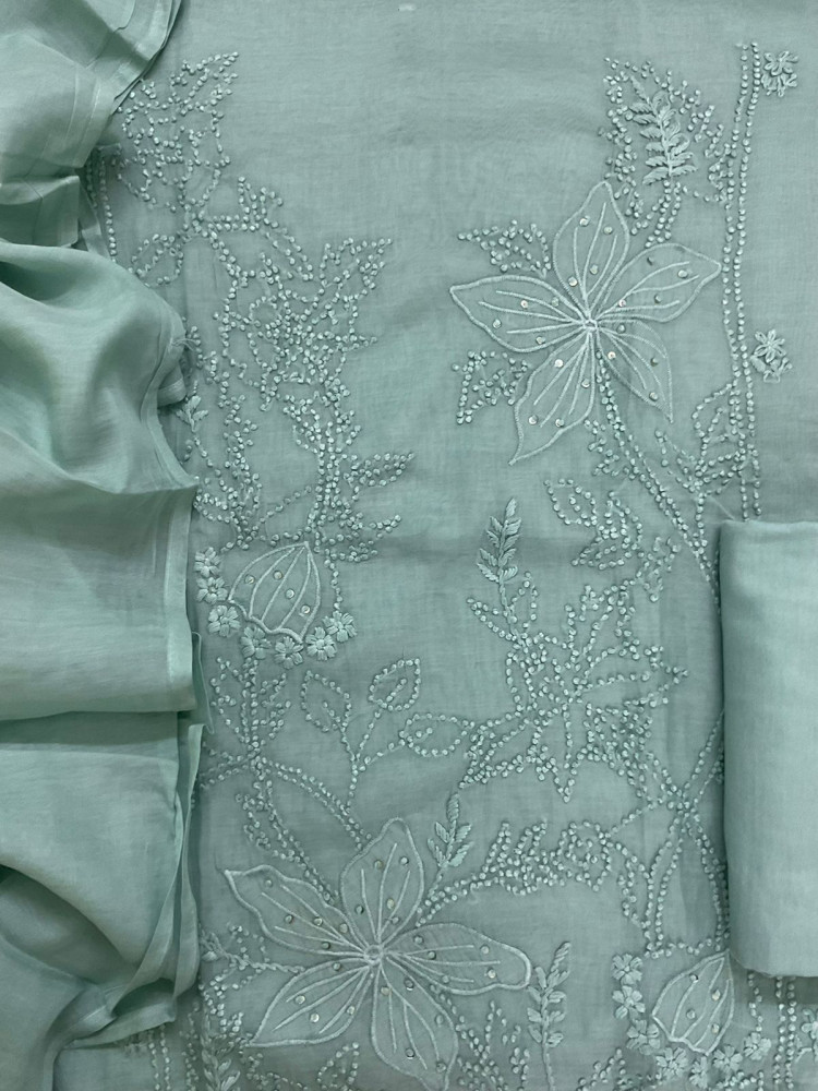 Image of Soft Chanderi Embroidered Suit - Blue