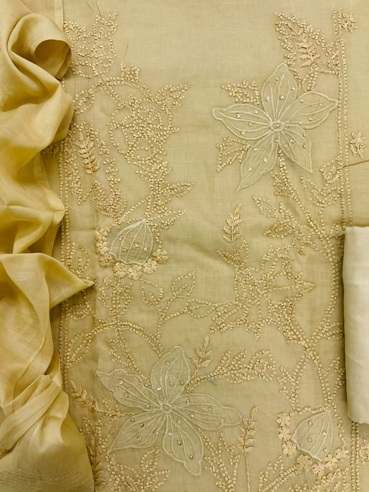Image of Soft Chanderi Embroidered Suit - Yellow