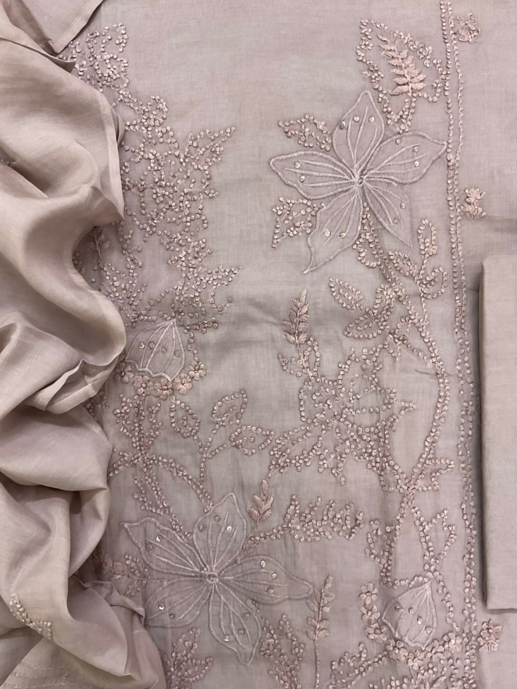 Image of Soft Chanderi Embroidered Suit - Pinkish Beige