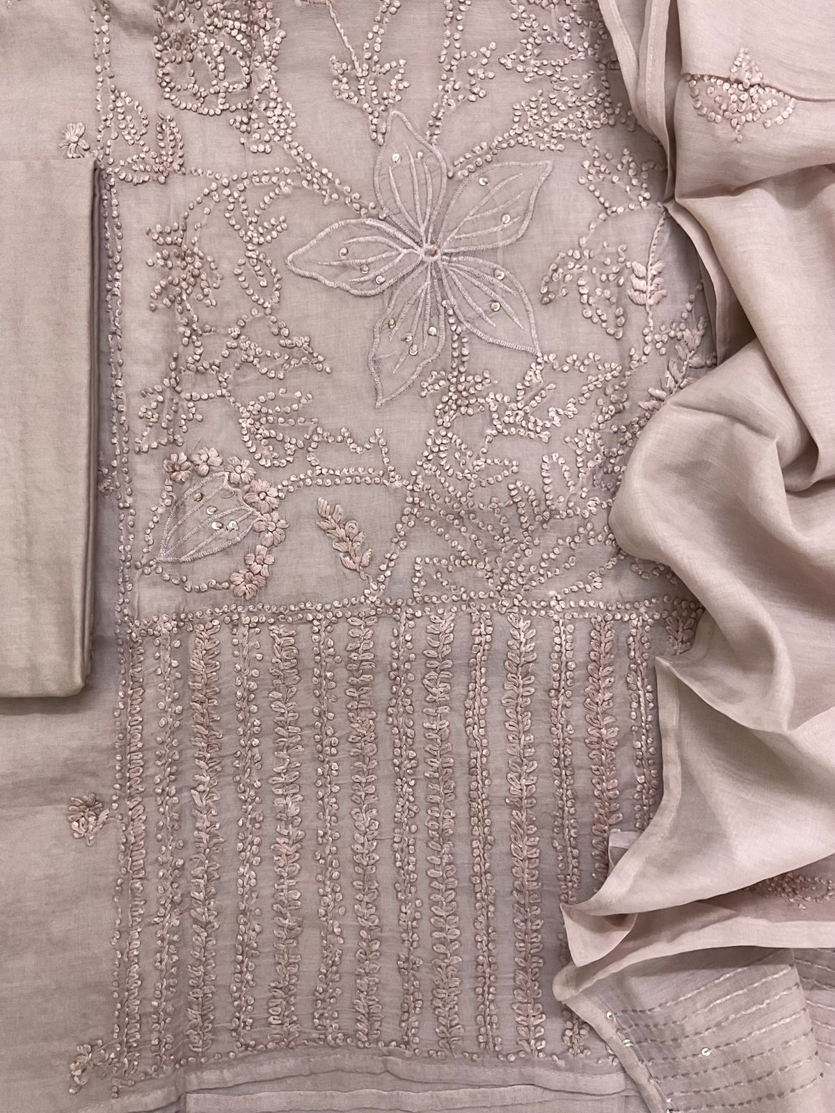 Soft Chanderi Embroidered Suit - Pinkish Beige