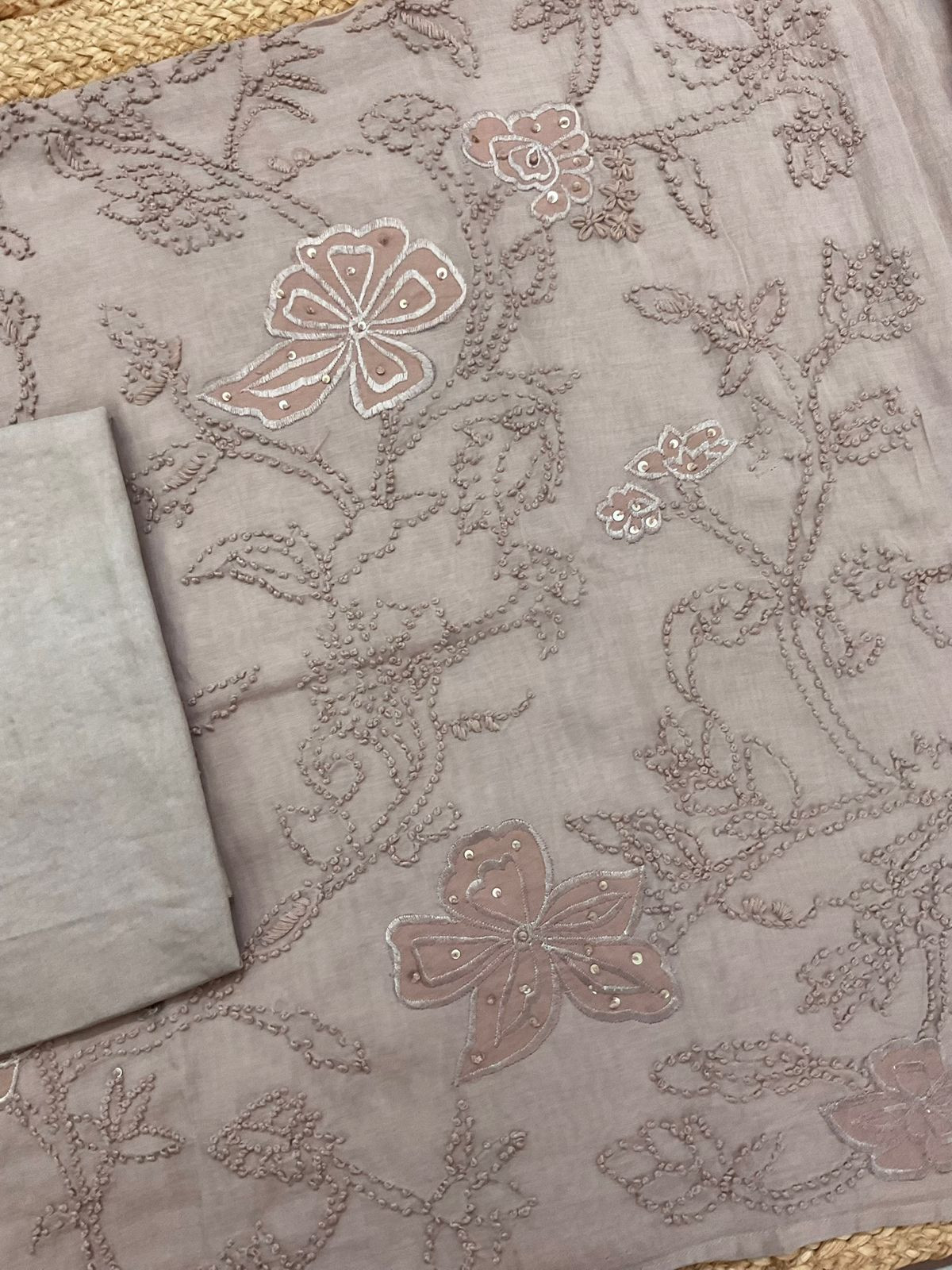 Soft Chanderi Embroidered Suit - Beige