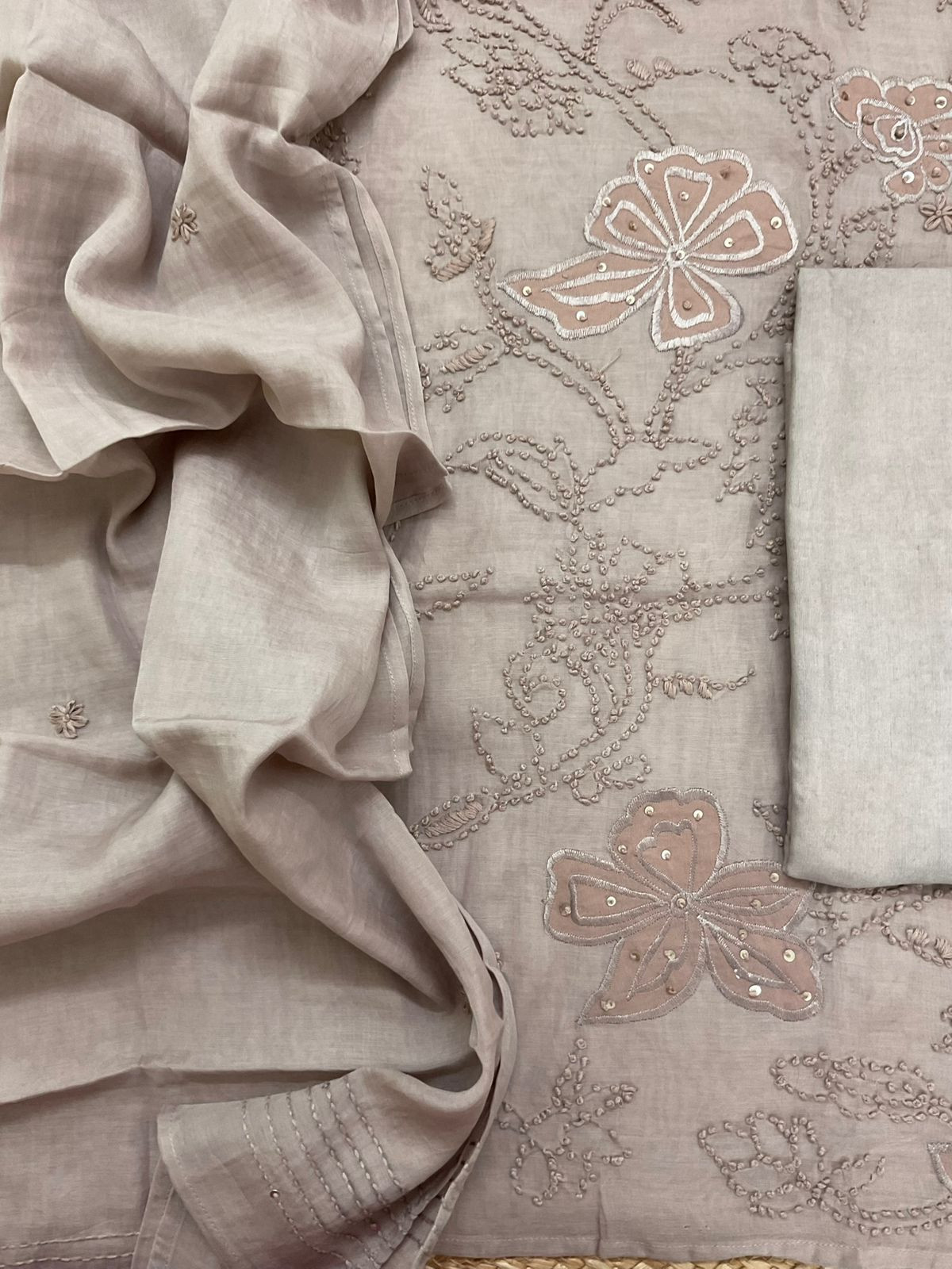Soft Chanderi Embroidered Suit - Beige
