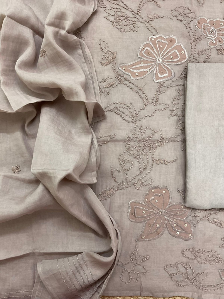 Image of Soft Chanderi Embroidered Suit - Beige