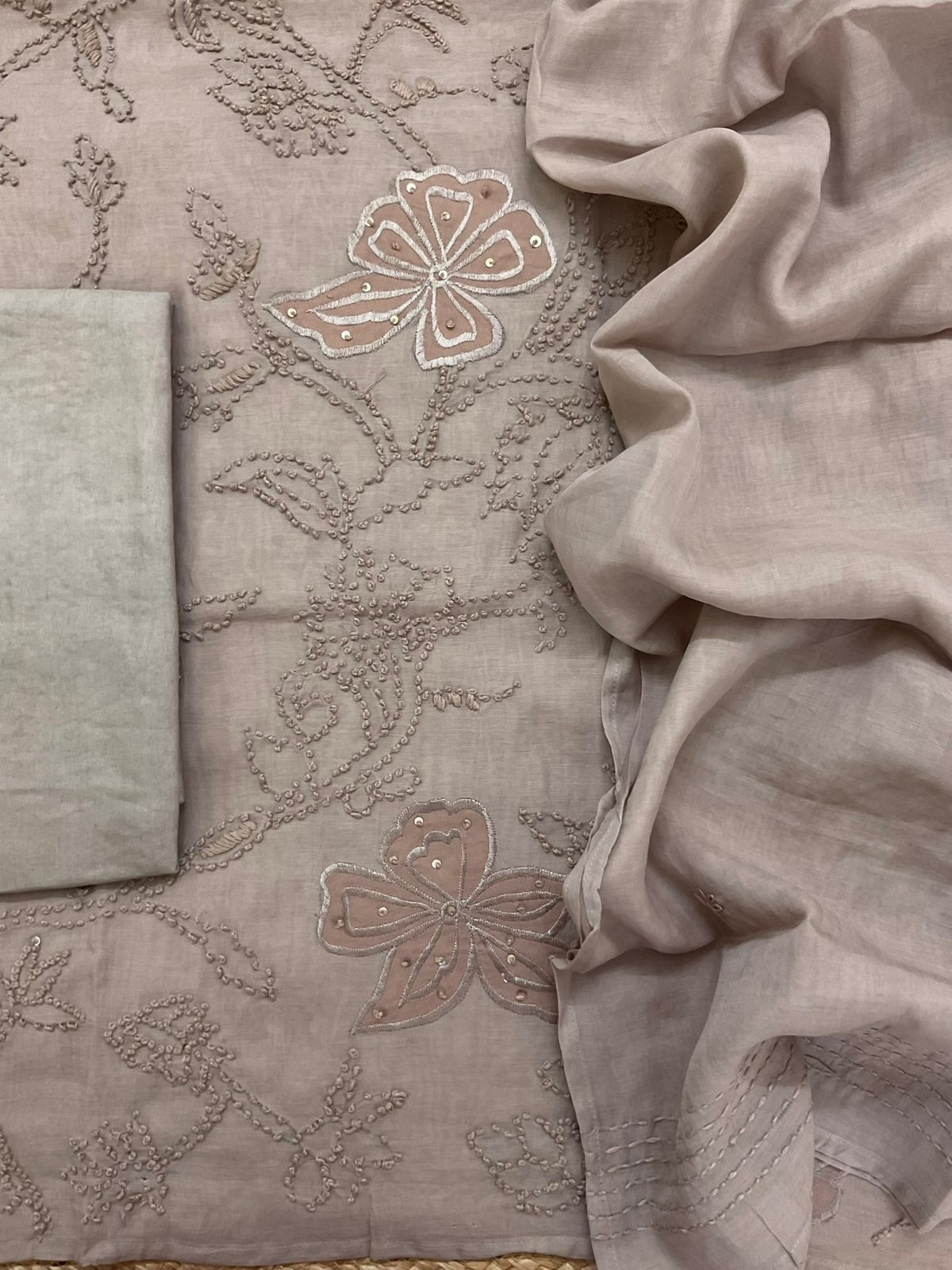 Soft Chanderi Embroidered Suit - Beige