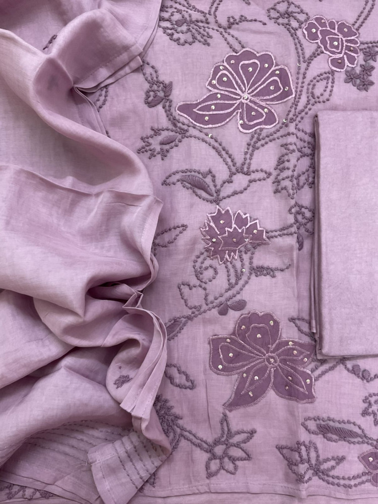 Image of Soft Chanderi Embroidered Suit - Mauve