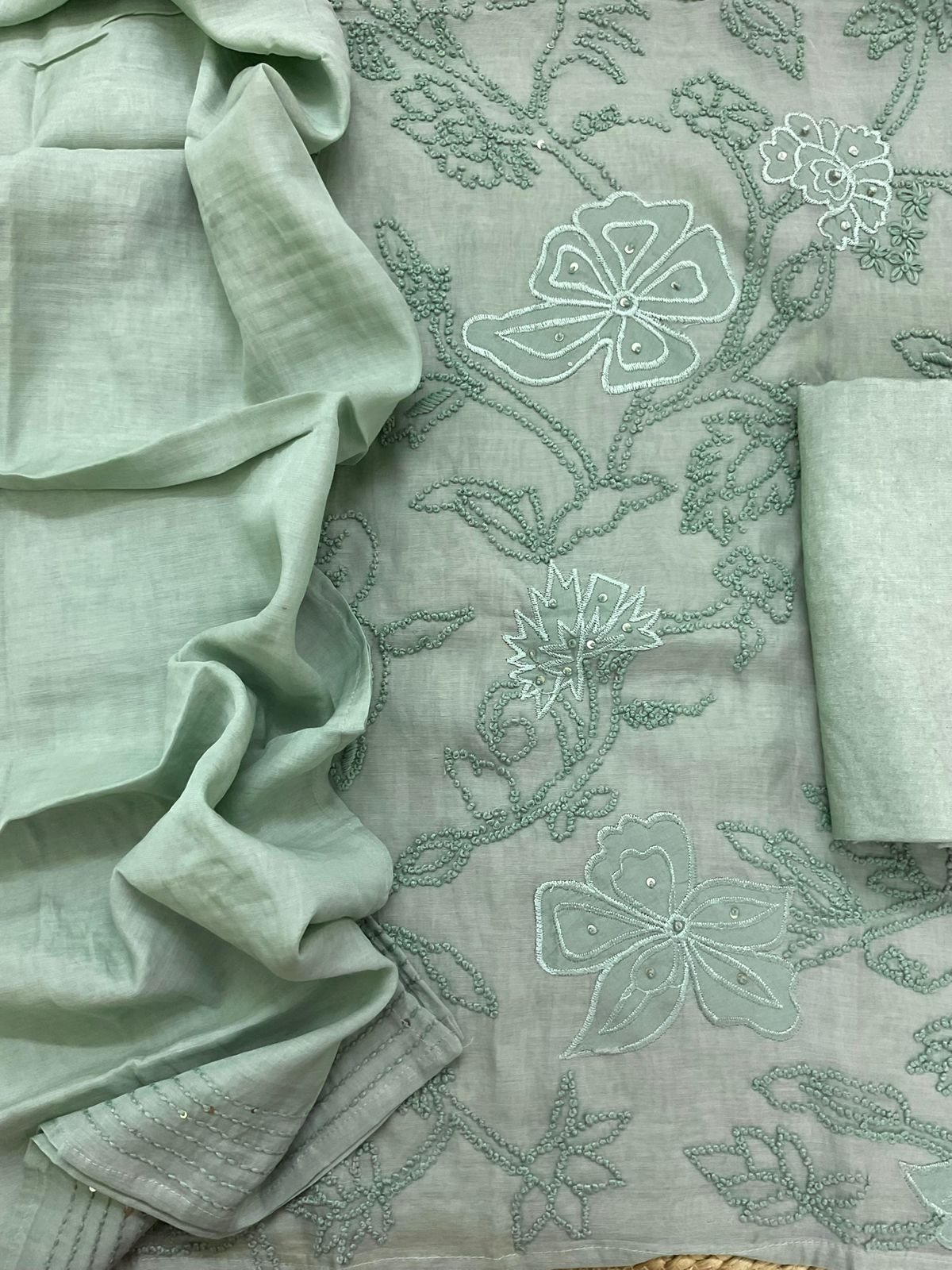 Soft Chanderi Embroidered Suit - Green