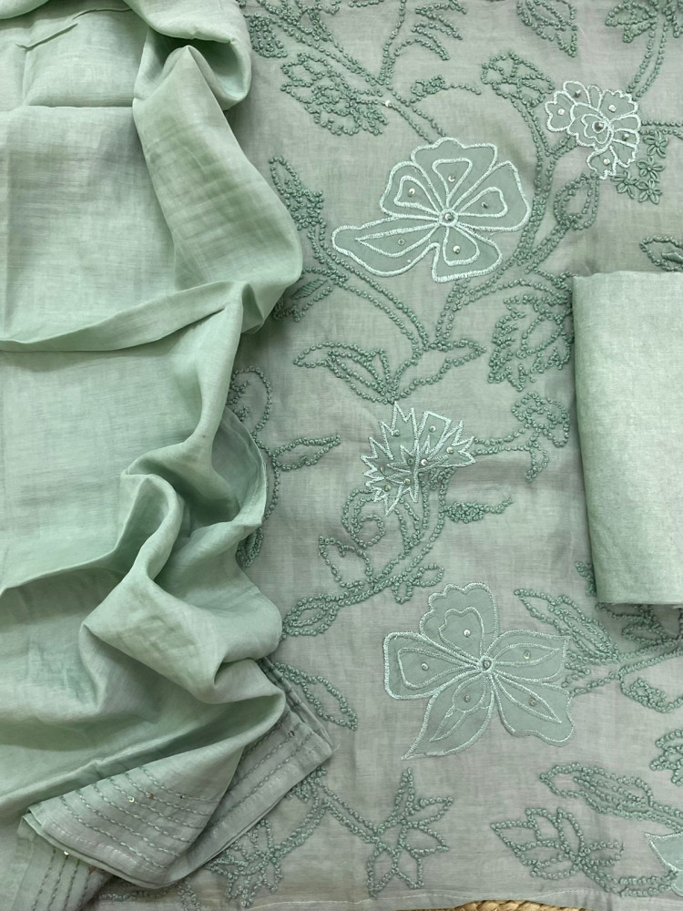 Image of Soft Chanderi Embroidered Suit - Green
