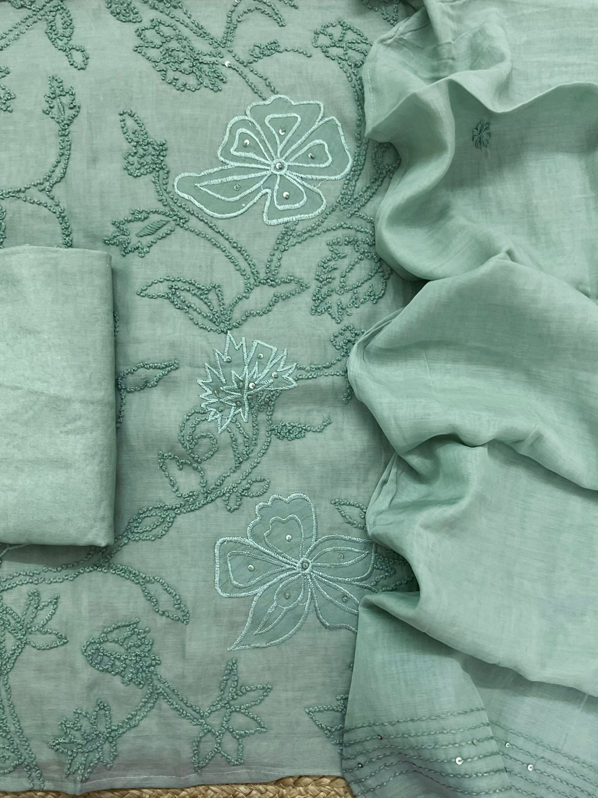 Soft Chanderi Embroidered Suit - Green