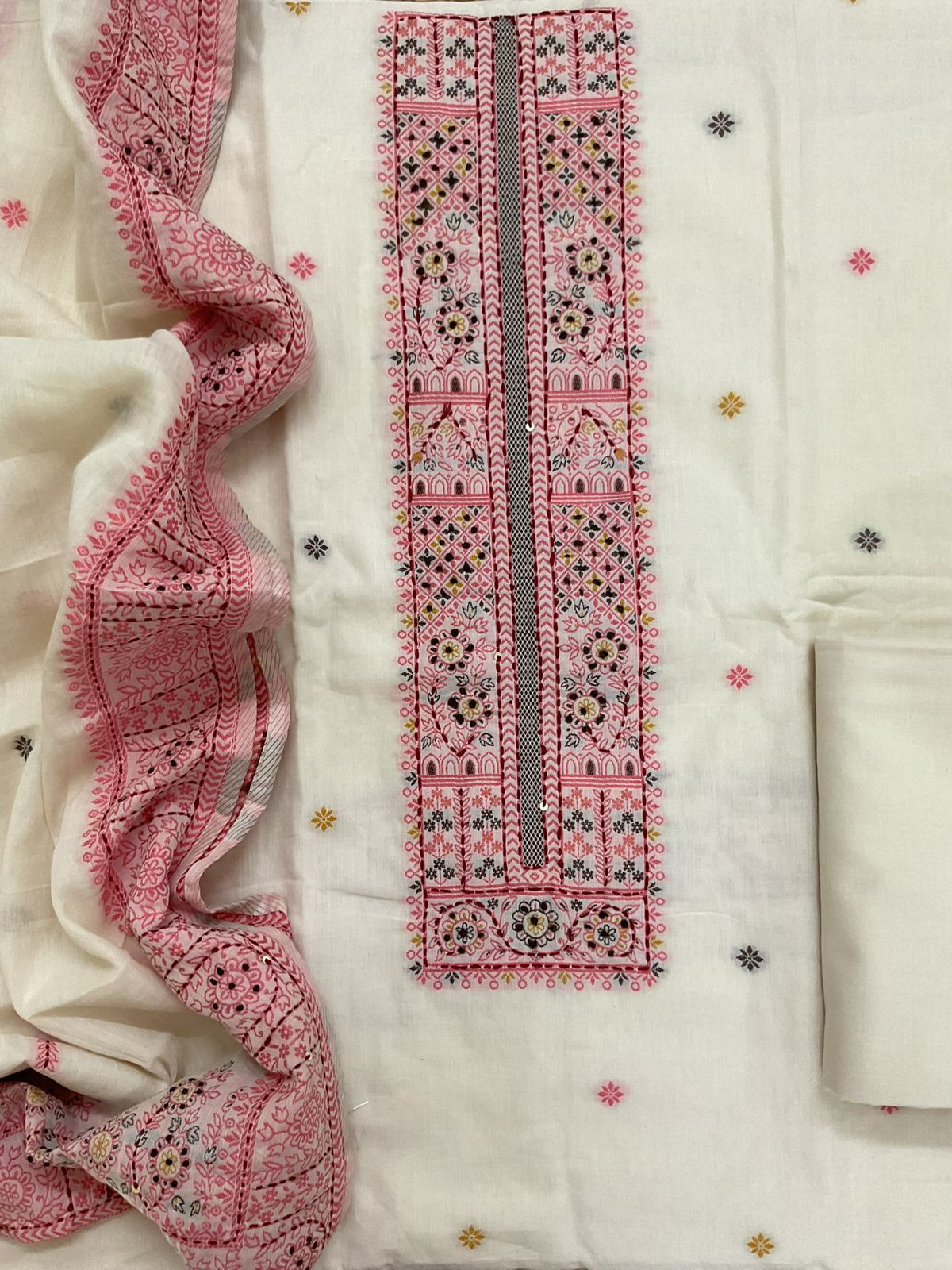 Pure Cotton Jamdani Weaved Embroidered Suit - Off White