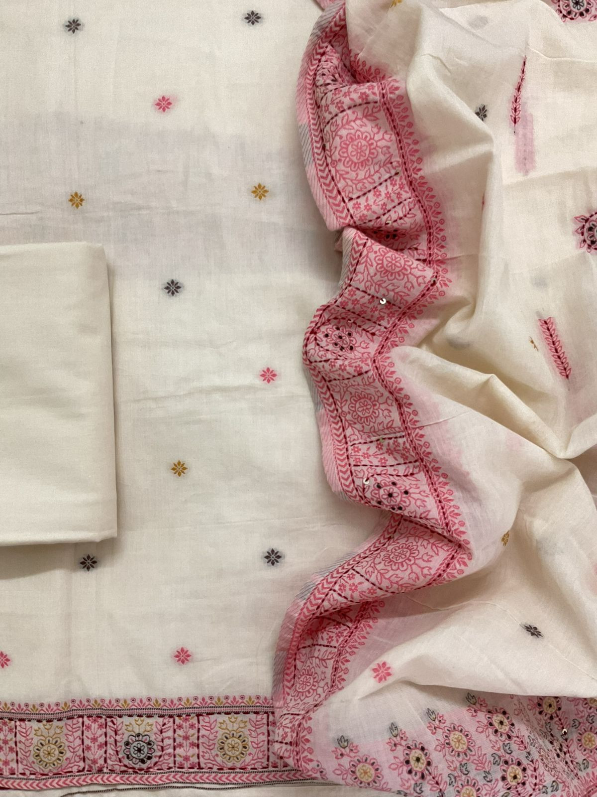 Pure Cotton Jamdani Weaved Embroidered Suit - Off White