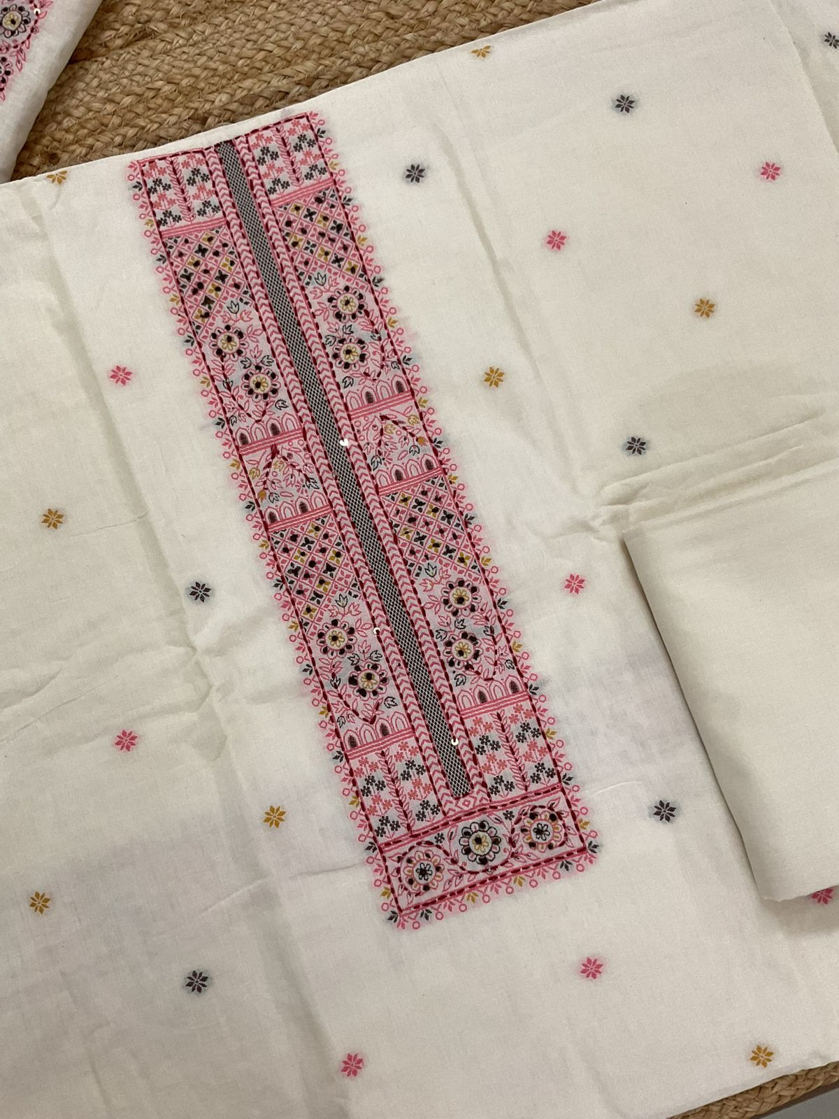 Pure Cotton Jamdani Weaved Embroidered Suit - Off White