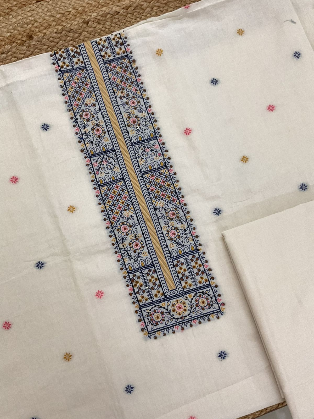 Pure Cotton Jamdani Weaved Embroidered Suit - Off White