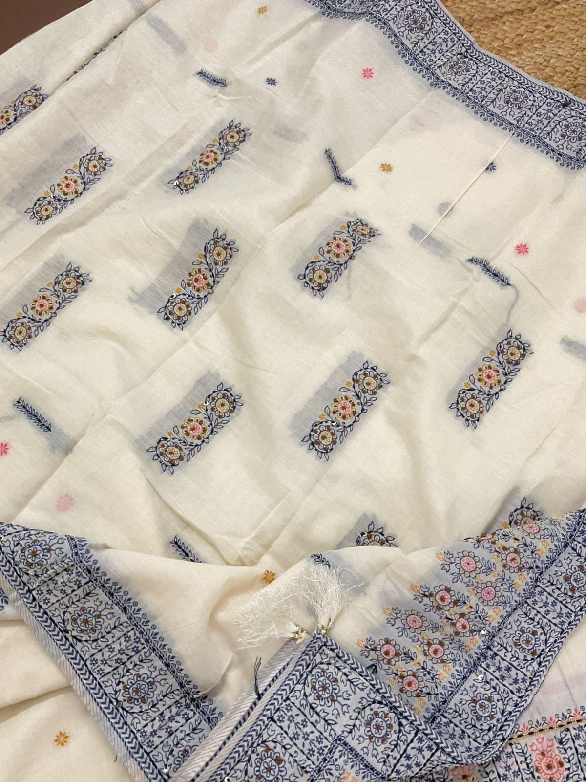 Pure Cotton Jamdani Weaved Embroidered Suit - Off White