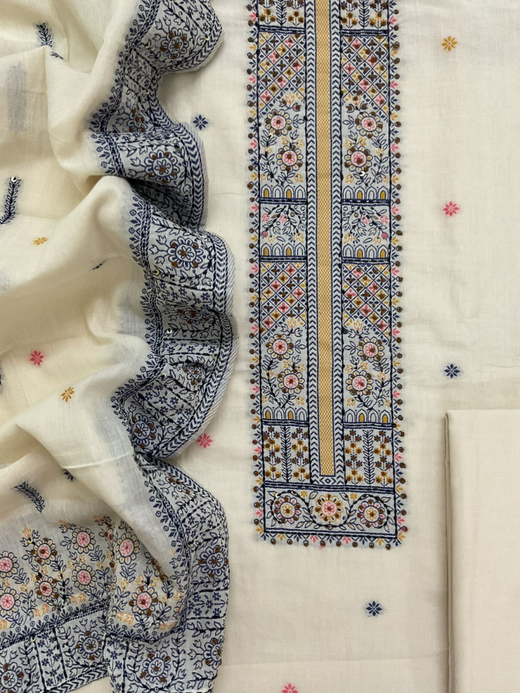Image of Pure Cotton Jamdani Weaved Embroidered Suit - Off White