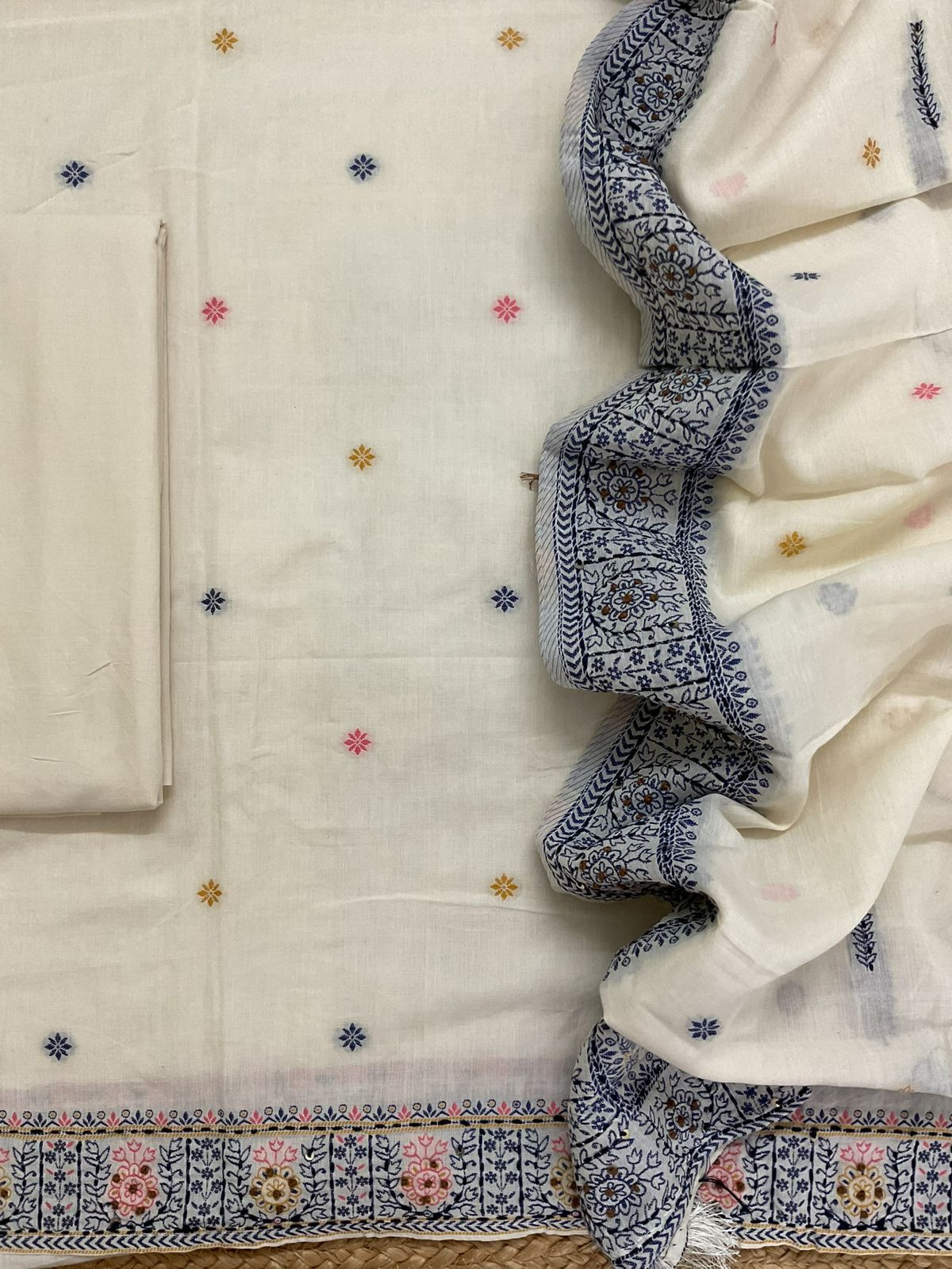 Pure Cotton Jamdani Weaved Embroidered Suit - Off White