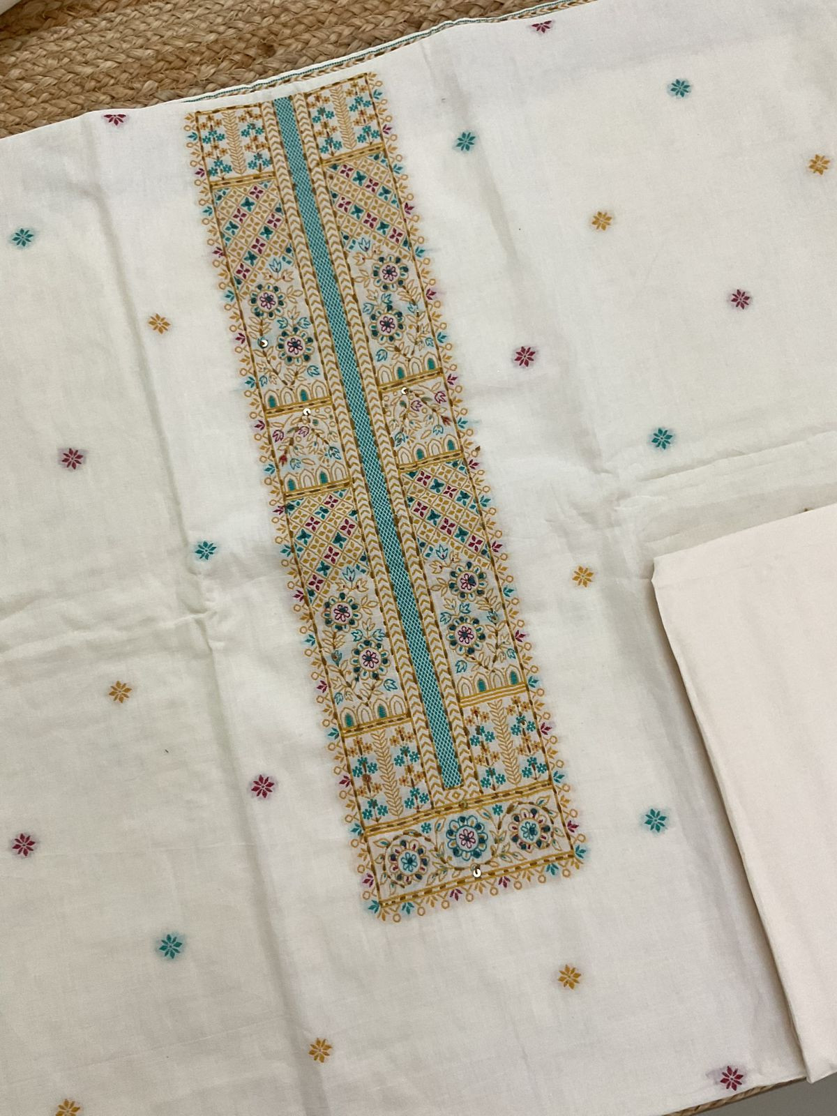 Pure Cotton Jamdani Weaved Embroidered Suit - Off White