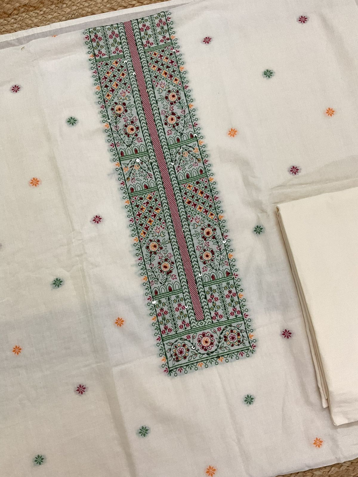 Pure Cotton Jamdani Weaved Embroidered Suit - Off White