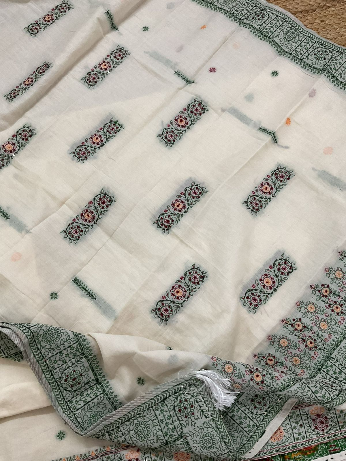 Pure Cotton Jamdani Weaved Embroidered Suit - Off White