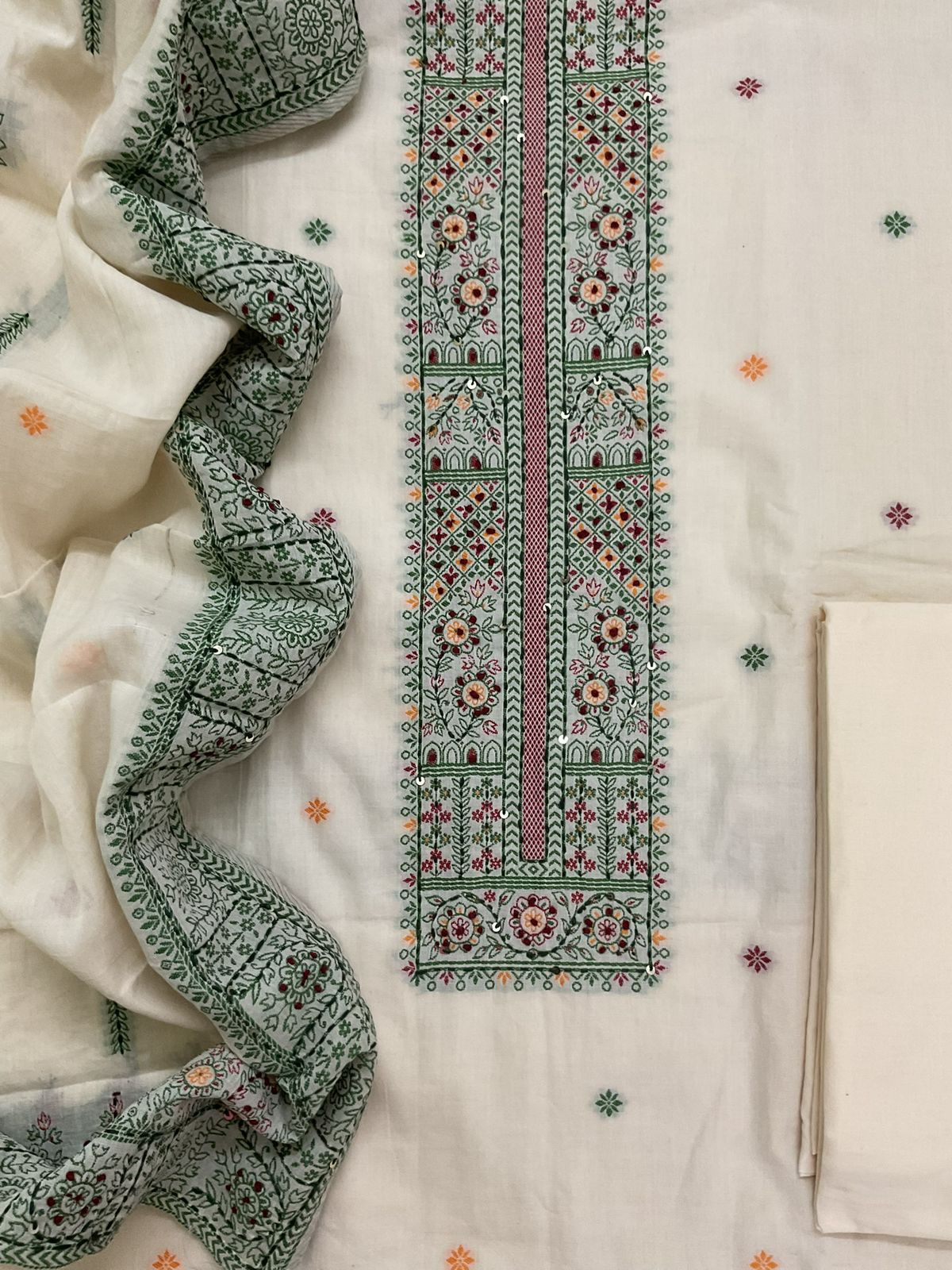 Pure Cotton Jamdani Weaved Embroidered Suit - Off White