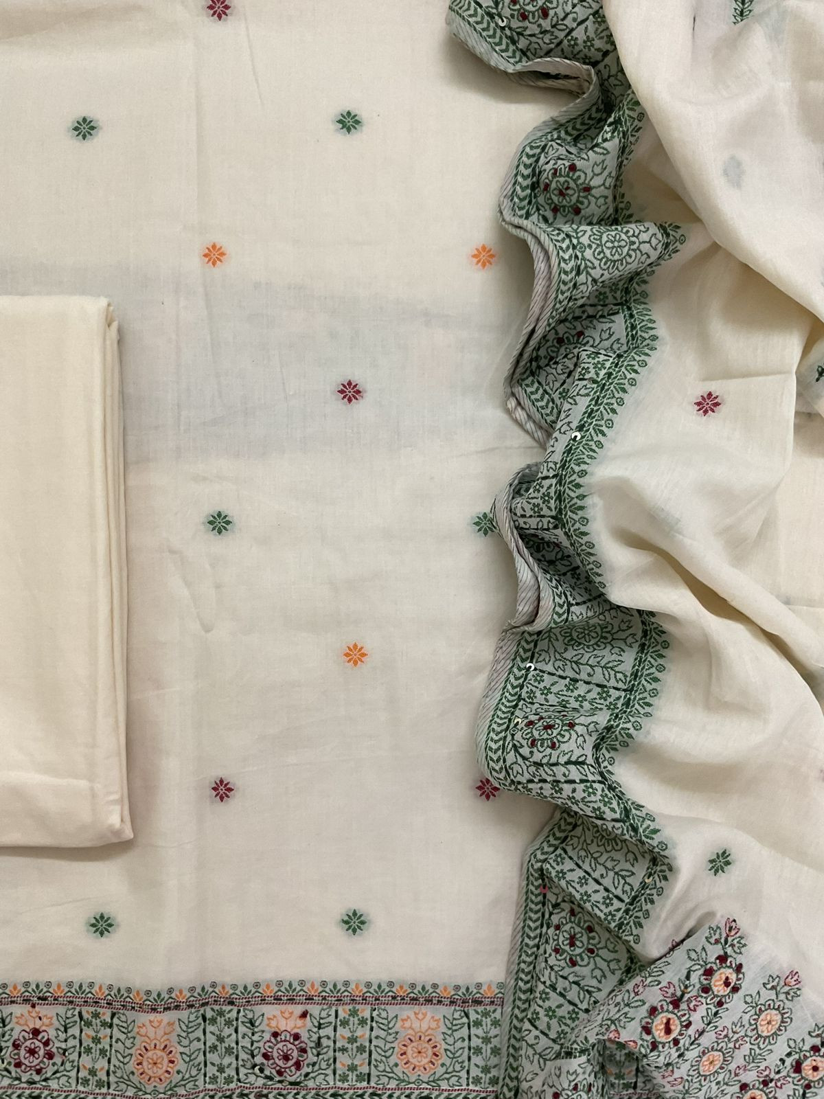 Pure Cotton Jamdani Weaved Embroidered Suit - Off White