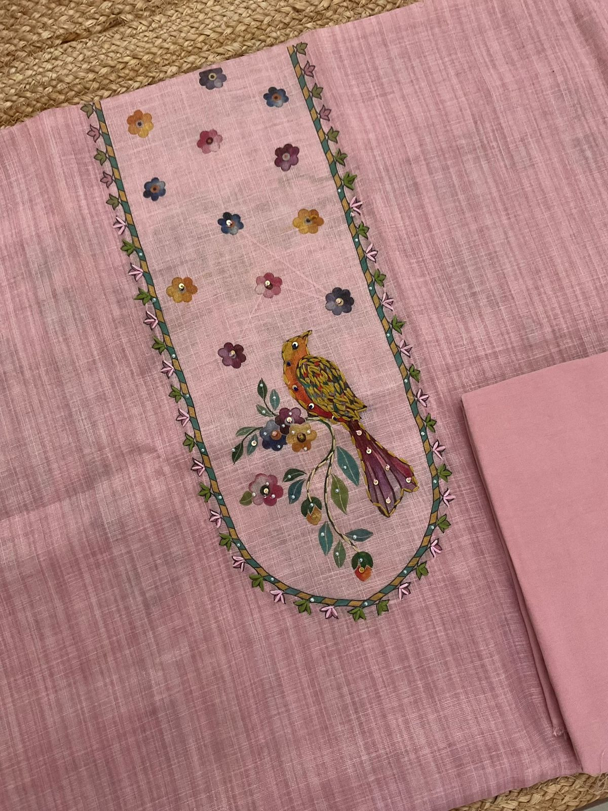 Soft Tissue Slub Cotton Printed Embroidered Suit - Pink