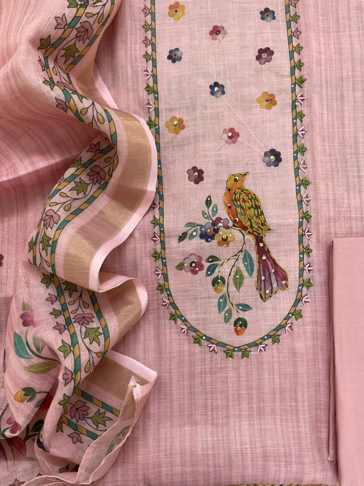 Image of Soft Tissue Slub Cotton Printed Embroidered Suit - Pink