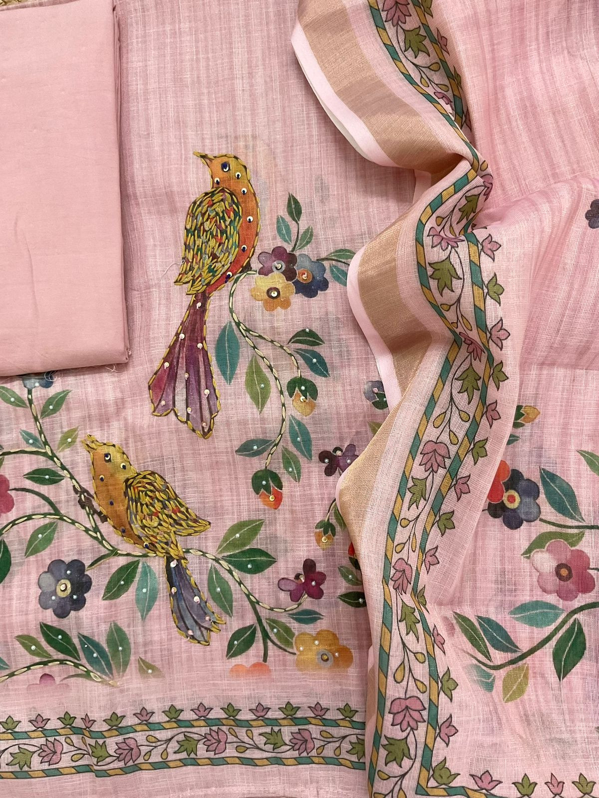 Soft Tissue Slub Cotton Printed Embroidered Suit - Pink