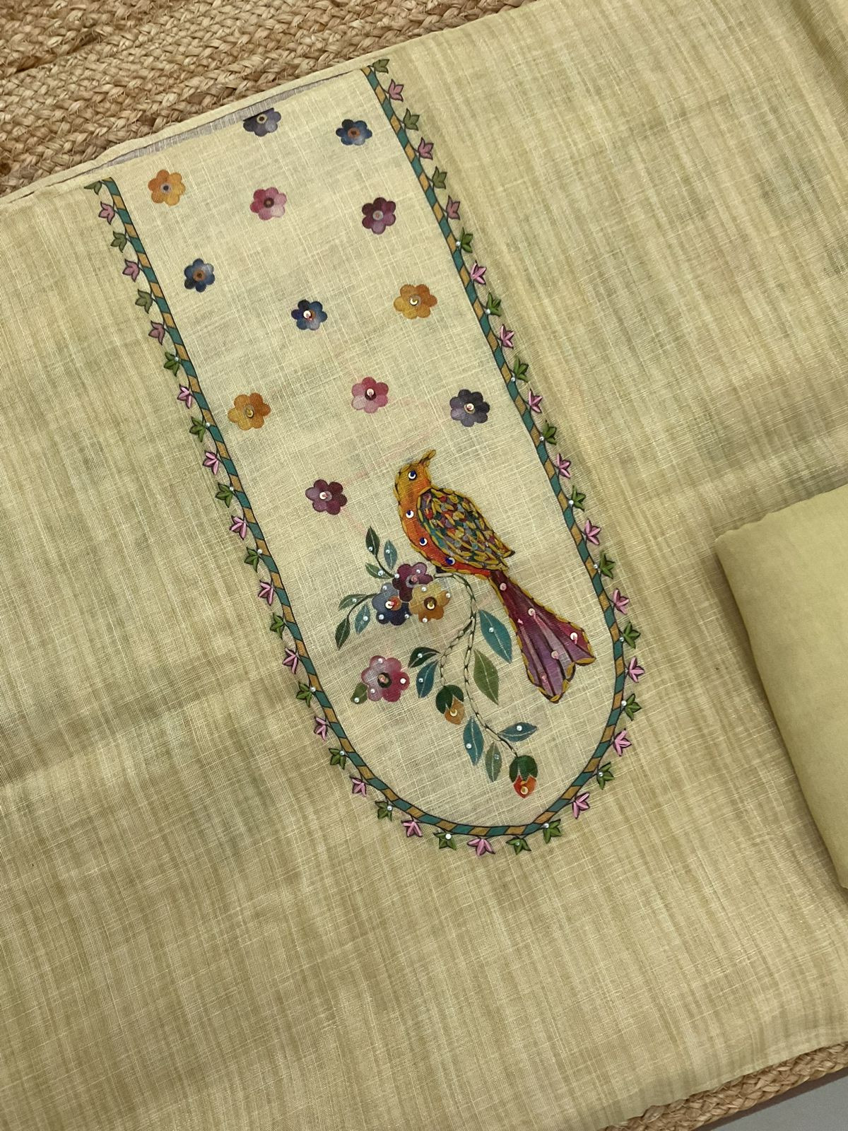 Soft Tissue Slub Cotton Printed Embroidered Suit - Yellow