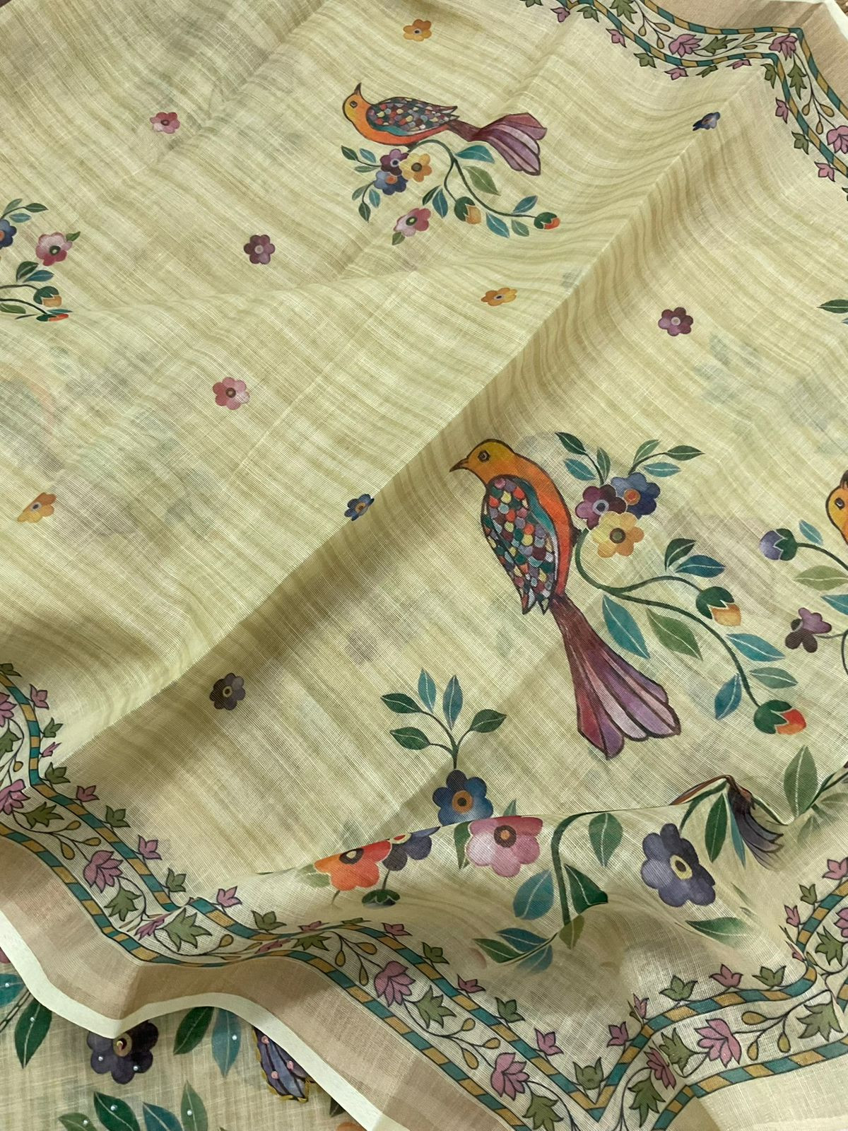Soft Tissue Slub Cotton Printed Embroidered Suit - Yellow