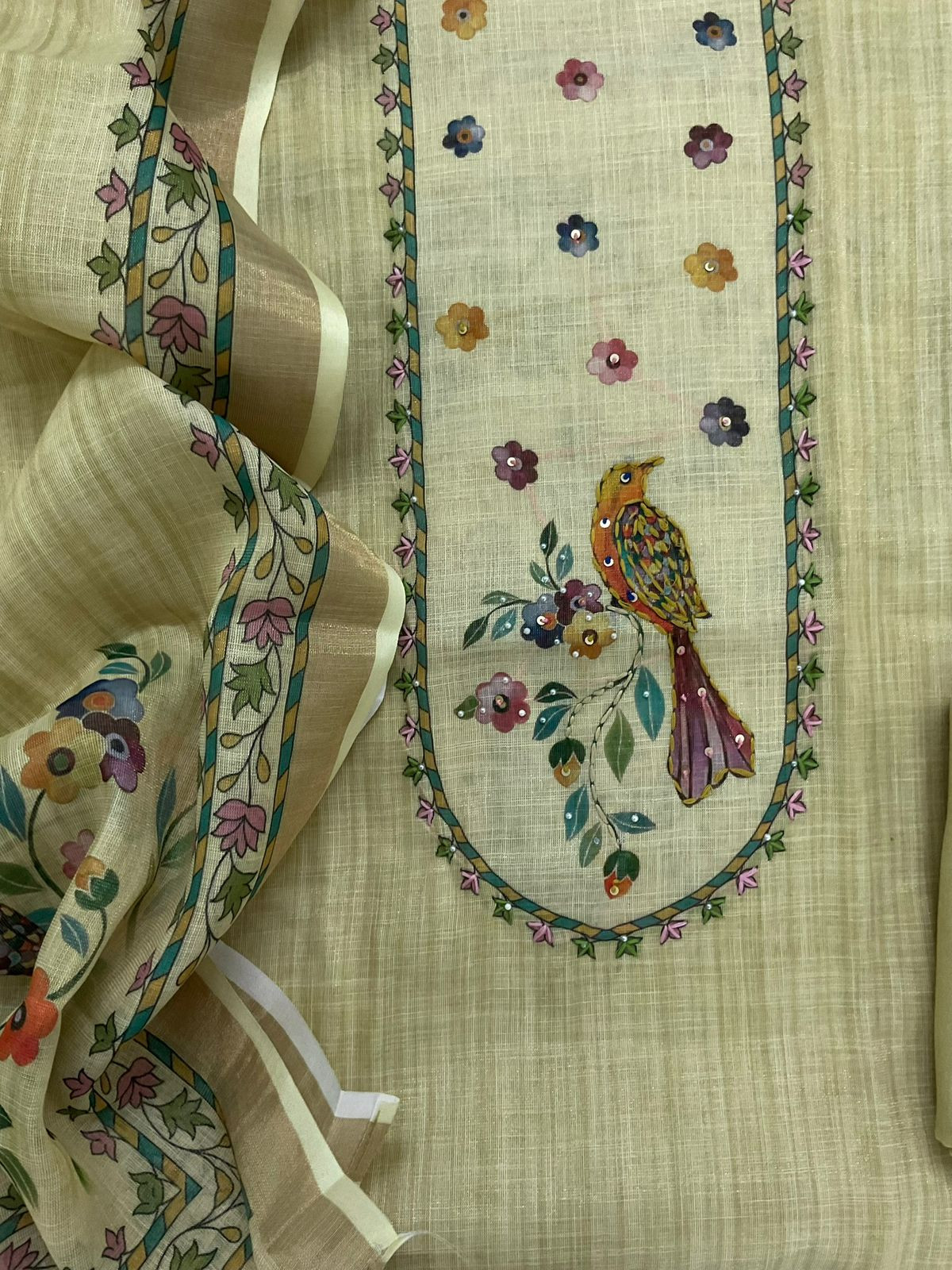 Soft Tissue Slub Cotton Printed Embroidered Suit - Yellow