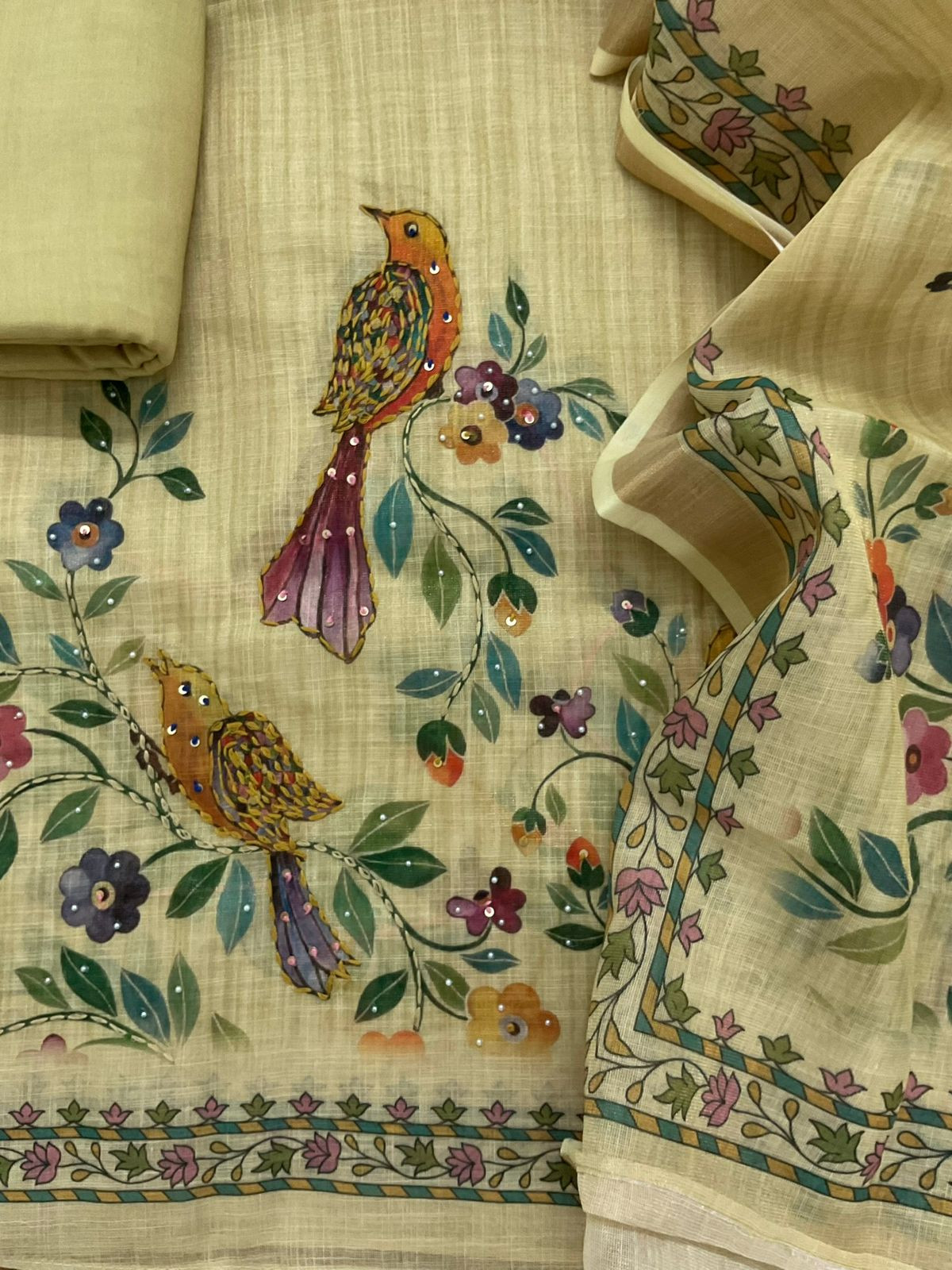 Soft Tissue Slub Cotton Printed Embroidered Suit - Yellow