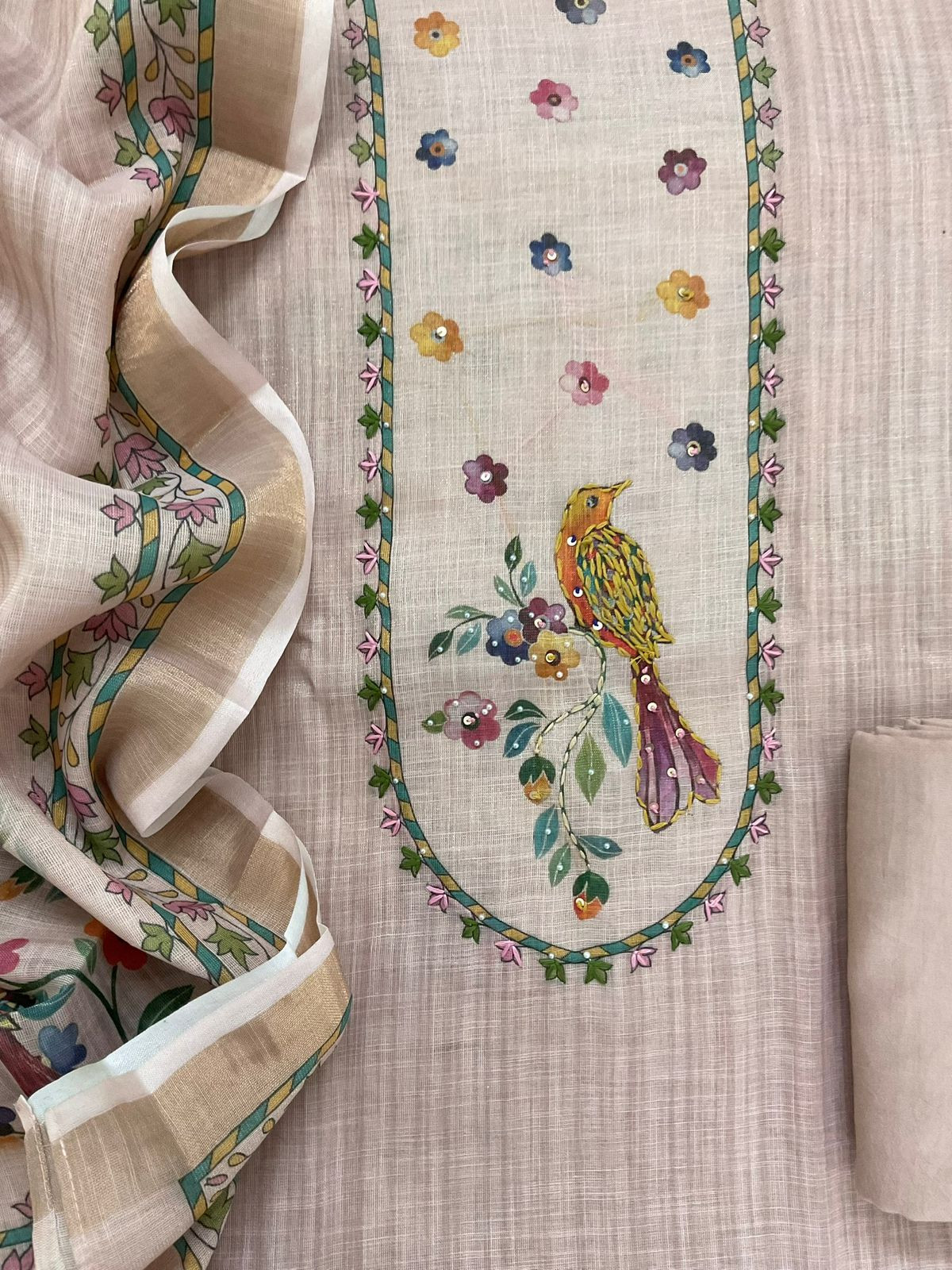 Soft Tissue Slub Cotton Printed Embroidered Suit - Beige