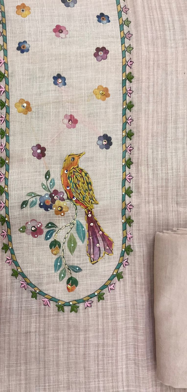 Soft Tissue Slub Cotton Printed Embroidered Suit - Beige