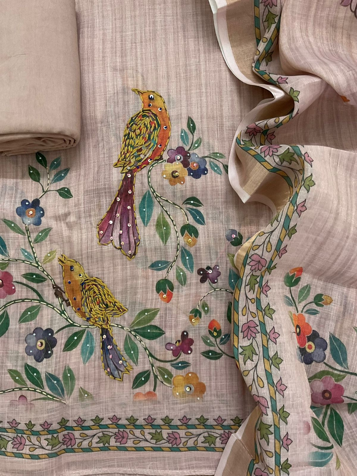 Soft Tissue Slub Cotton Printed Embroidered Suit - Beige