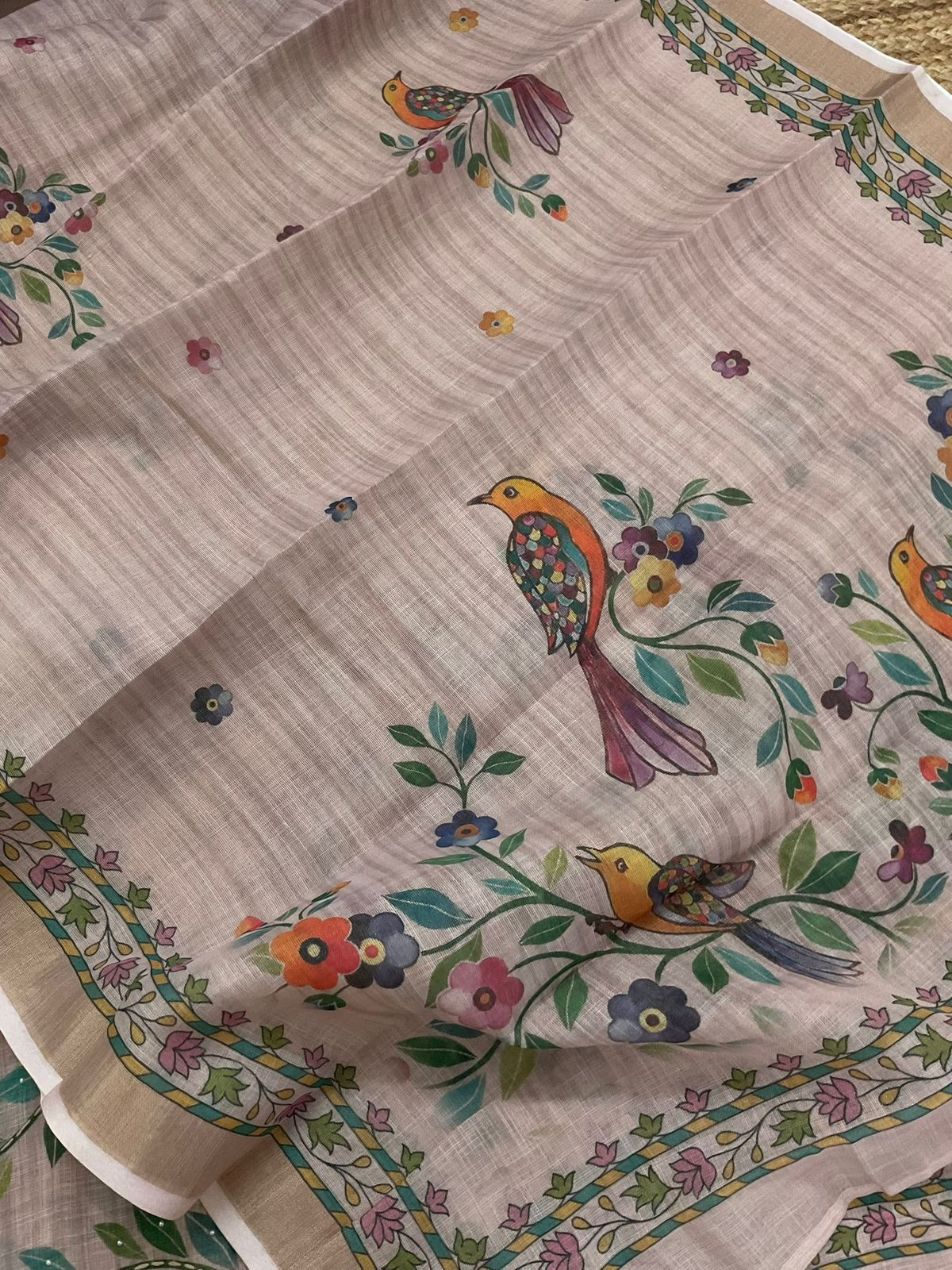 Soft Tissue Slub Cotton Printed Embroidered Suit - Beige