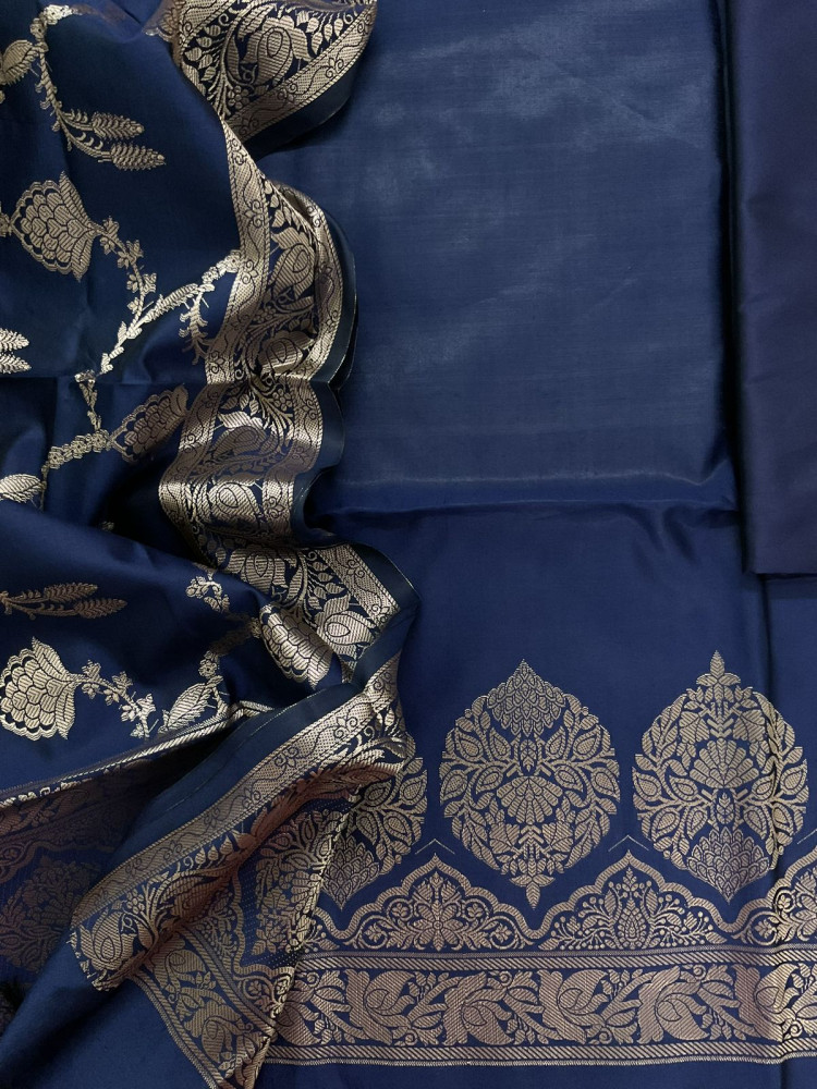 Image of Soft Silk Banarasi Weaved Suit - Blue