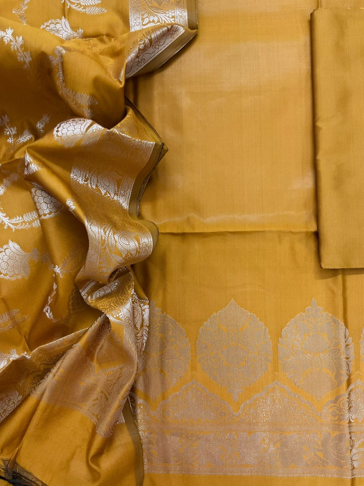 Image of Soft Silk Banarasi Weaved Suit - Yellow