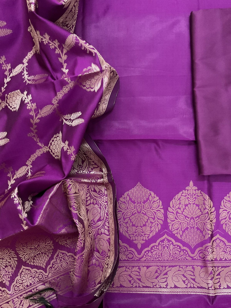 Image of Soft Silk Banarasi Weaved Suit - Violet